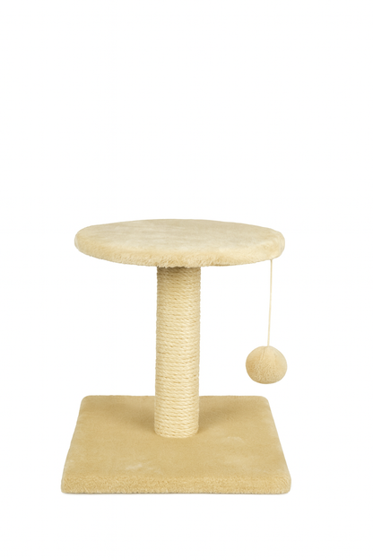 Rascador poste con plataforma en color beige neutro. Su diseño minimalista y materiales naturales como el sisal ayudan a proteger los muebles del hogar mientras satisfacen el instinto de rascado del gato.