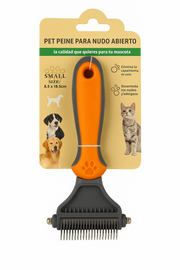 Vista frontal del empaque del Peine para Nudo Abierto PetBaby en talla Small (pequeña). El producto es de color naranja y negro con mango ergonómico, diseñado para perros y gatos, y cuenta con un cabezal de cuchillas curvas de acero para eliminar nudos de forma segura sin tirar de la piel.