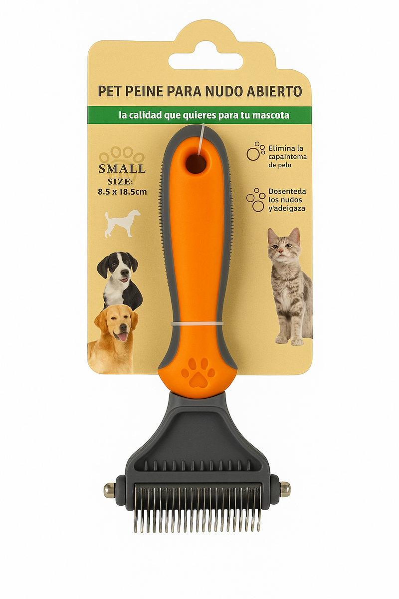 Vista frontal del empaque del Peine para Nudo Abierto PetBaby en talla Small (pequeña). El producto es de color naranja y negro con mango ergonómico, diseñado para perros y gatos, y cuenta con un cabezal de cuchillas curvas de acero para eliminar nudos de forma segura sin tirar de la piel.