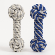 Par de juguetes para perros tipo hueso de cuerda trenzada de la marca PetBaby. Se muestran las dos variantes de color: una combinación de azul con gris y otra de gris con blanco, destacando el tejido firme y los nudos resistentes en los extremos para juegos de tironeo.