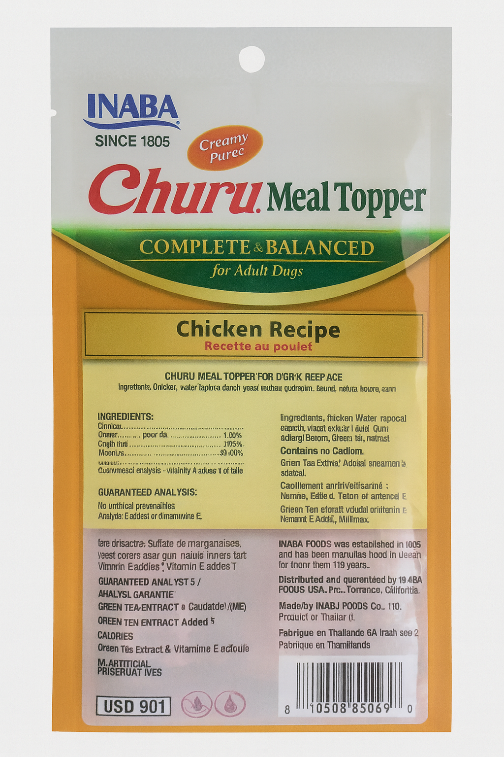 Vista posterior del sobre de Churu Meal Topper sabor Pollo para perros, donde se especifica la información nutricional, los ingredientes naturales, las instrucciones de alimentación y los datos del fabricante.