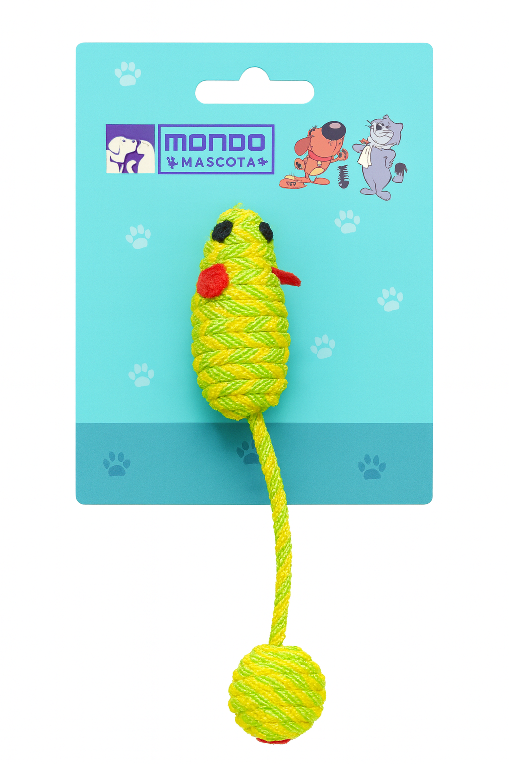 Juguete para gatos en forma de ratón tejido en color amarillo vibrante con orejas rojas de la marca Mango Mascotas. Se presenta en su empaque original de color celeste, destacando su diseño de cuerda resistente ideal para que los felinos muerdan y cacen.