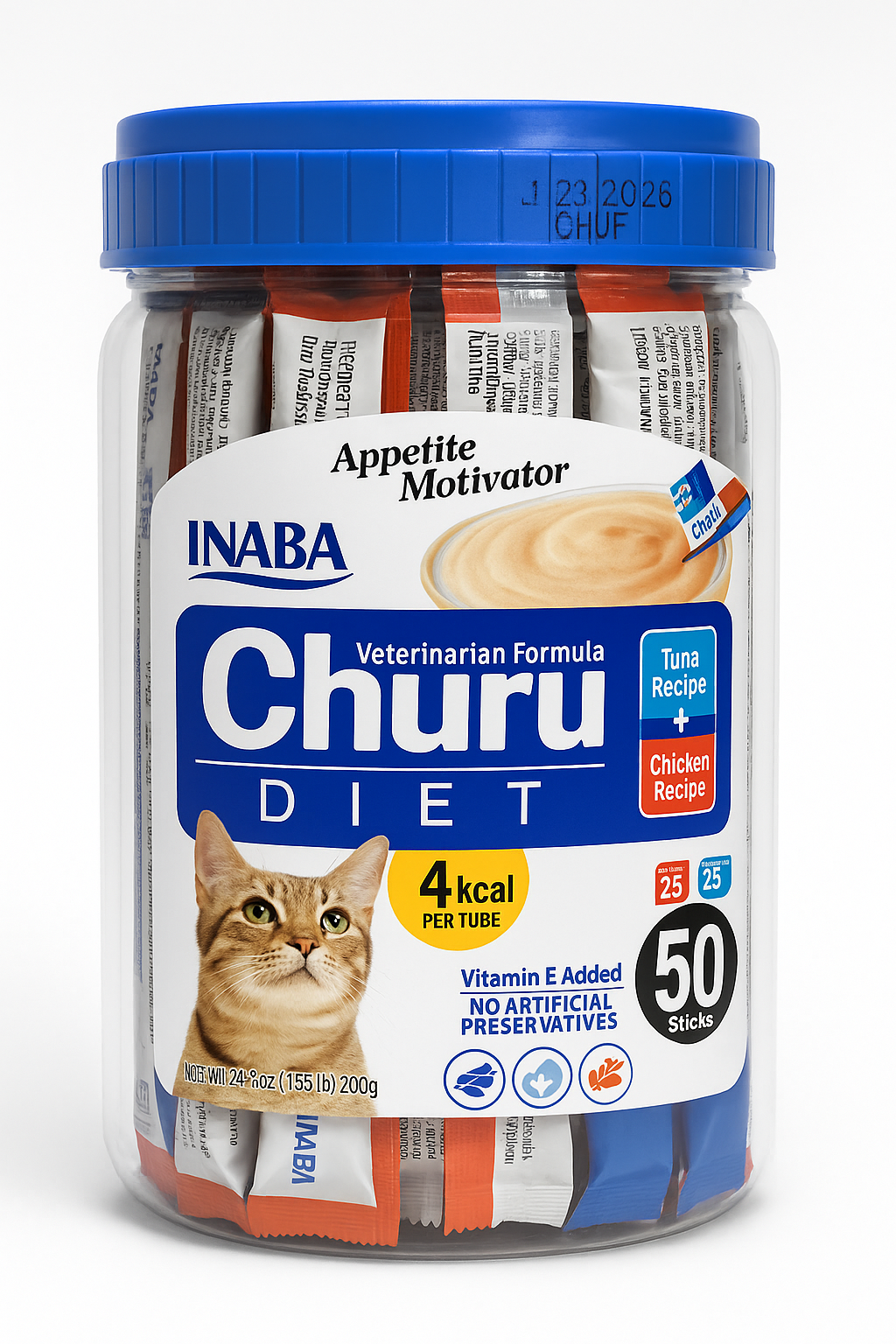 Tarro de 50 tubos de snack cremoso Churu Diet de la marca Inaba, fórmula veterinaria para gatos con diseño de tapa azul. El empaque transparente destaca que es un motivador de apetito, contiene solo 4 kcal por tubo y es ideal para gatos que requieren una dieta controlada.