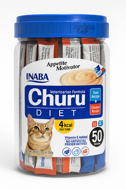 Churu Diet Inaba para Gatos – Mezcla Atún y Pollo | 50 Tubos Bajas Calorías