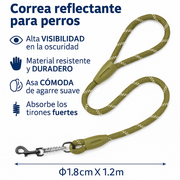 Infografía detallada de la correa reflectante PetBaby que resalta sus 4 beneficios principales: alta visibilidad nocturna, material duradero de alta resistencia, asa ergonómica de agarre suave y sistema que absorbe tirones fuertes para proteger el cuello de la mascota.