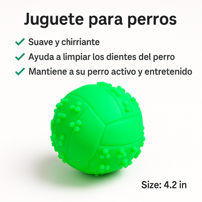 Infografía del juguete para perros PetBaby que destaca sus beneficios principales: material suave y chirriante (con sonido), ayuda a la limpieza dental y fomenta la actividad física. Especifica un tamaño de 4.2 pulgadas o 10.7 cm.