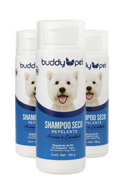 Fotografía de tres botes de Shampoo en Seco para Perros Buddy Pet de 100g agrupados, resaltando su presentación compacta y ergonómica diseñada para facilitar el cuidado del pelaje en el hogar.