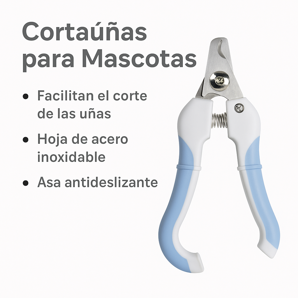 Infografía técnica del cortauñas profesional que destaca sus tres beneficios principales: facilita el corte de las uñas, posee hojas de acero inoxidable de alta calidad y cuenta con un asa antideslizante para garantizar un agarre firme y evitar accidentes.