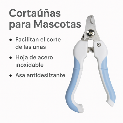 Infografía técnica del cortauñas profesional que destaca sus tres beneficios principales: facilita el corte de las uñas, posee hojas de acero inoxidable de alta calidad y cuenta con un asa antideslizante para garantizar un agarre firme y evitar accidentes.