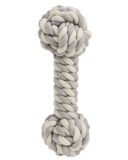 Variante del juguete para mascotas en cuerda de color gris y blanco con diseño de hueso. Estructura robusta y duradera, perfecta para razas medianas y grandes que disfrutan de morder objetos con texturas firmes.