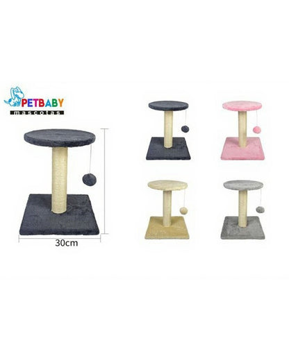 Infografía del rascador compacto PetBaby que detalla sus medidas: 30 cm de base y 38 cm de altura. Muestra la disponibilidad en 5 colores: negro, azul, rosado, beige y gris claro, destacando su versatilidad para cualquier rincón del hogar.