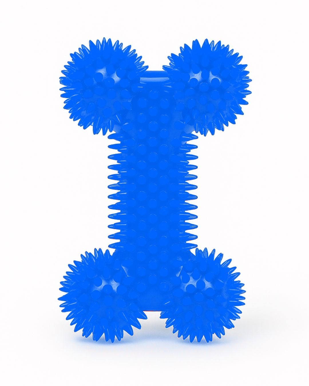 Versión en color azul brillante del juguete masticable para perros tipo doble hueso. Destaca por su material flexible y resistente, ideal para sesiones de juego de lanzar y recoger, proporcionando una textura sensorial atractiva para el perro.