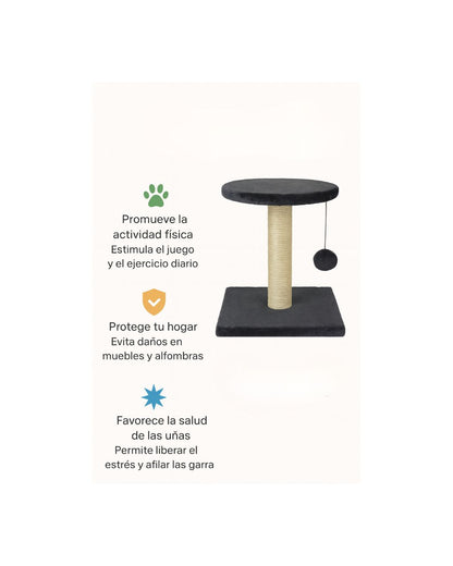 Imagen informativa que resalta las características del rascador: poste envuelto en sisal resistente para el cuidado de las uñas, plataforma superior acolchada para descanso y juguete integrado para el entretenimiento felino.
