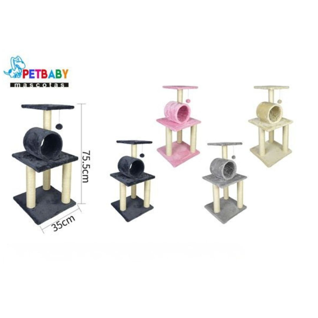 Infografía técnica del rascador PetBaby que especifica sus dimensiones de 75 cm de alto y 35 cm de base. Muestra la gama de colores disponibles para este modelo: negro, gris, azul marino, rosado y beige, destacando su diseño funcional y decorativo para el hogar.