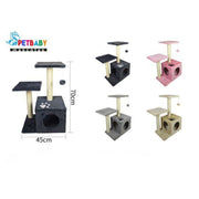 Infografía técnica que especifica las medidas del rascador PetBaby: 70cm de alto y 40cm de base. Muestra la gama de 5 colores disponibles (negro, gris, azul, rosado y beige), resaltando su versatilidad para diferentes espacios del hogar.