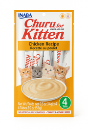 Vista frontal del empaque de Churu for Kitten de la marca Inaba, sabor receta de pollo natural para gatitos en crecimiento. El diseño en color blanco y naranja destaca que contiene 4 tubos individuales, es libre de cereales y conservantes, e incluye una imagen de cuatro gatitos junto a una porción del snack cremoso.