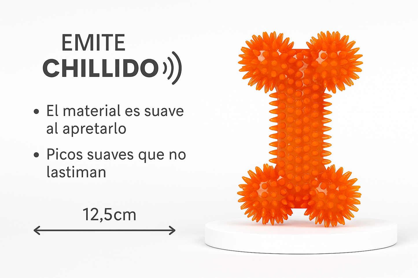 Infografía del juguete de goma PetBaby que resalta sus características técnicas: emite un chillido (sonido) al morder, está hecho de un material suave y posee picos que no lastiman la boca. Especifica una longitud de 12.3 cm, ideal para perros de diversos tamaños.