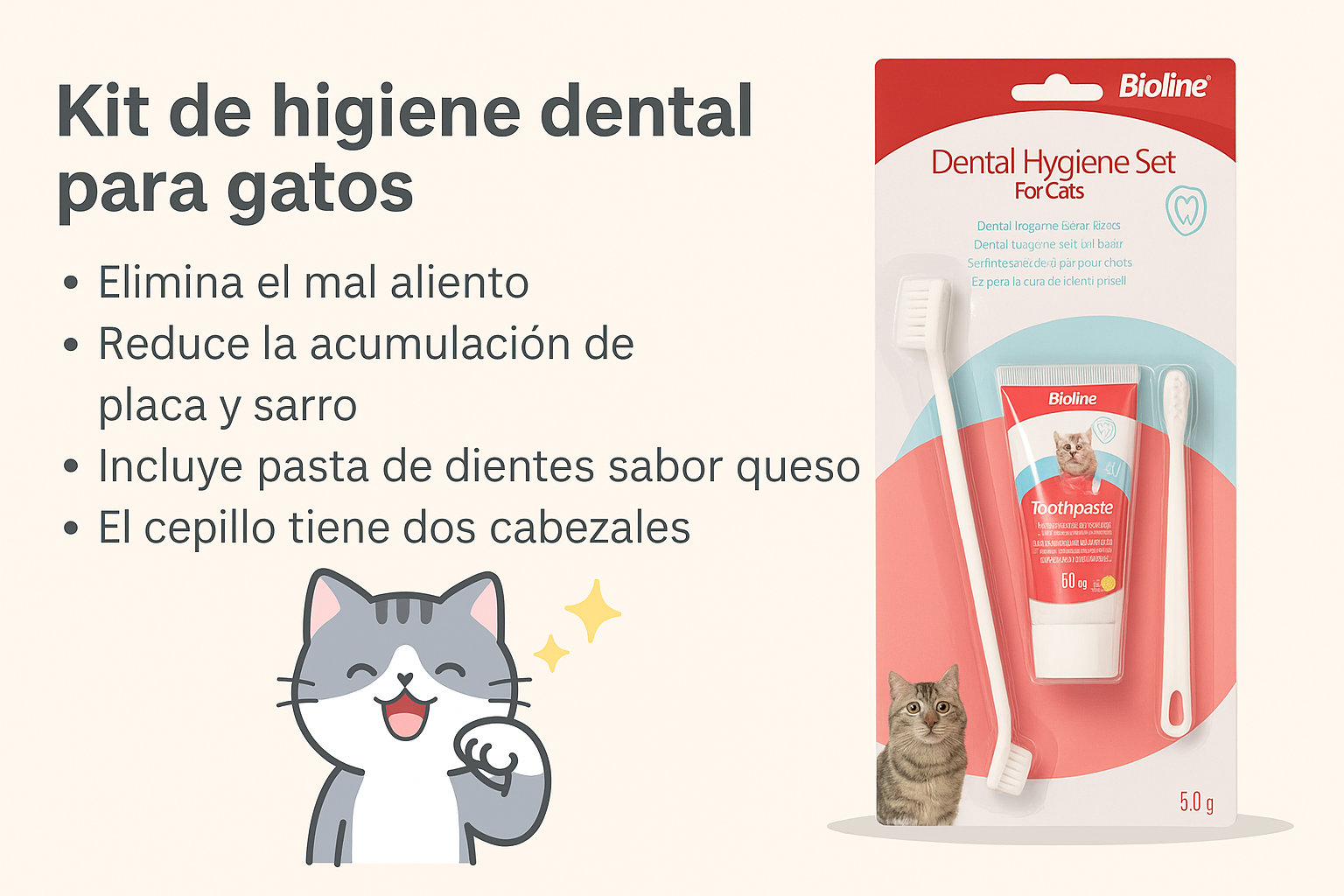 Infografía titulada "Kit de higiene dental para gatos" que ilustra los 4 beneficios principales: elimina el mal aliento, reduce la acumulación de sarro, previene la placa bacteriana y destaca que el cepillo tiene dos cabezales para una limpieza profunda. Incluye una ilustración amigable de un gato.