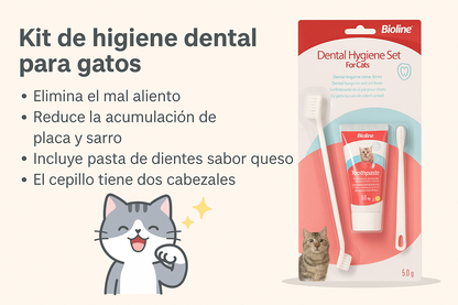 Infografía titulada "Kit de higiene dental para gatos" que ilustra los 4 beneficios principales: elimina el mal aliento, reduce la acumulación de sarro, previene la placa bacteriana y destaca que el cepillo tiene dos cabezales para una limpieza profunda. Incluye una ilustración amigable de un gato.