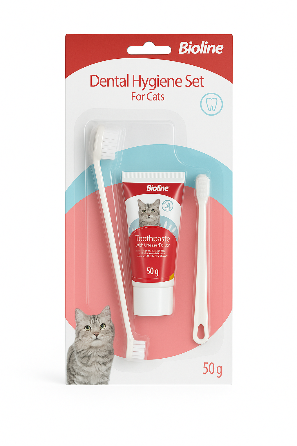 Vista frontal del Dental Hygiene Set for Cats de la marca Bioline. El kit de 3 piezas incluye un cepillo de dientes de mango largo con dos cabezales, un cepillo de silicona para el dedo y un tubo de pasta dental de 50g con sabor a queso, todo presentado en un empaque blister rojo y blanco.