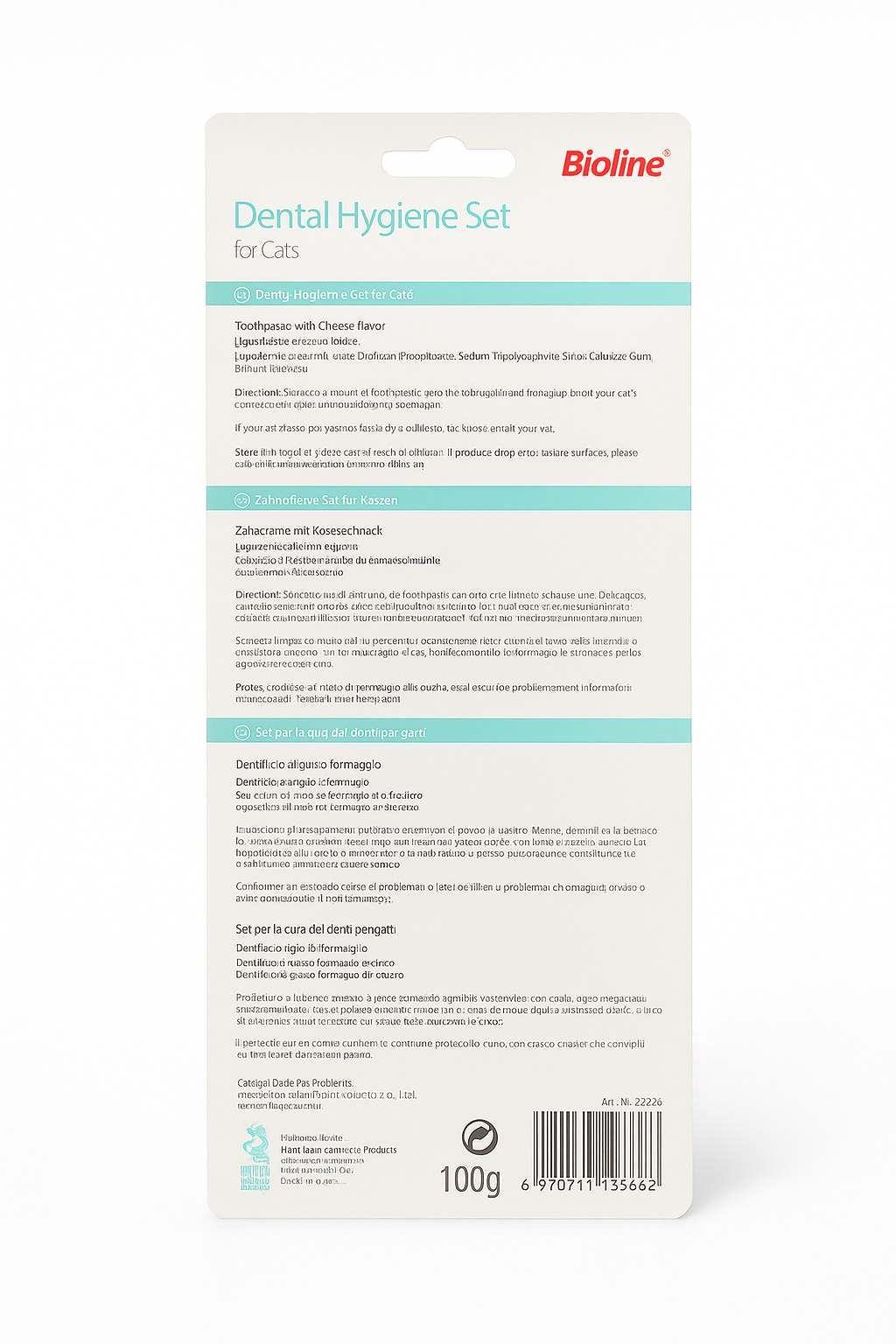 Parte posterior del empaque del set dental Bioline para gatos, donde se detallan las instrucciones de uso paso a paso, precauciones de seguridad, lista de ingredientes de la pasta dental y el código de barras del producto.