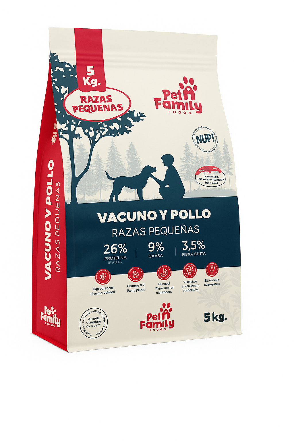 Saco de 5kg de alimento PetFamily para perros adultos de razas pequeñas, sabor vacuno y pollo. El diseño del envase destaca un 26% de proteína, 9% de grasa y 3.5% de fibra, con ilustraciones de un dueño junto a su perro en un entorno natural.