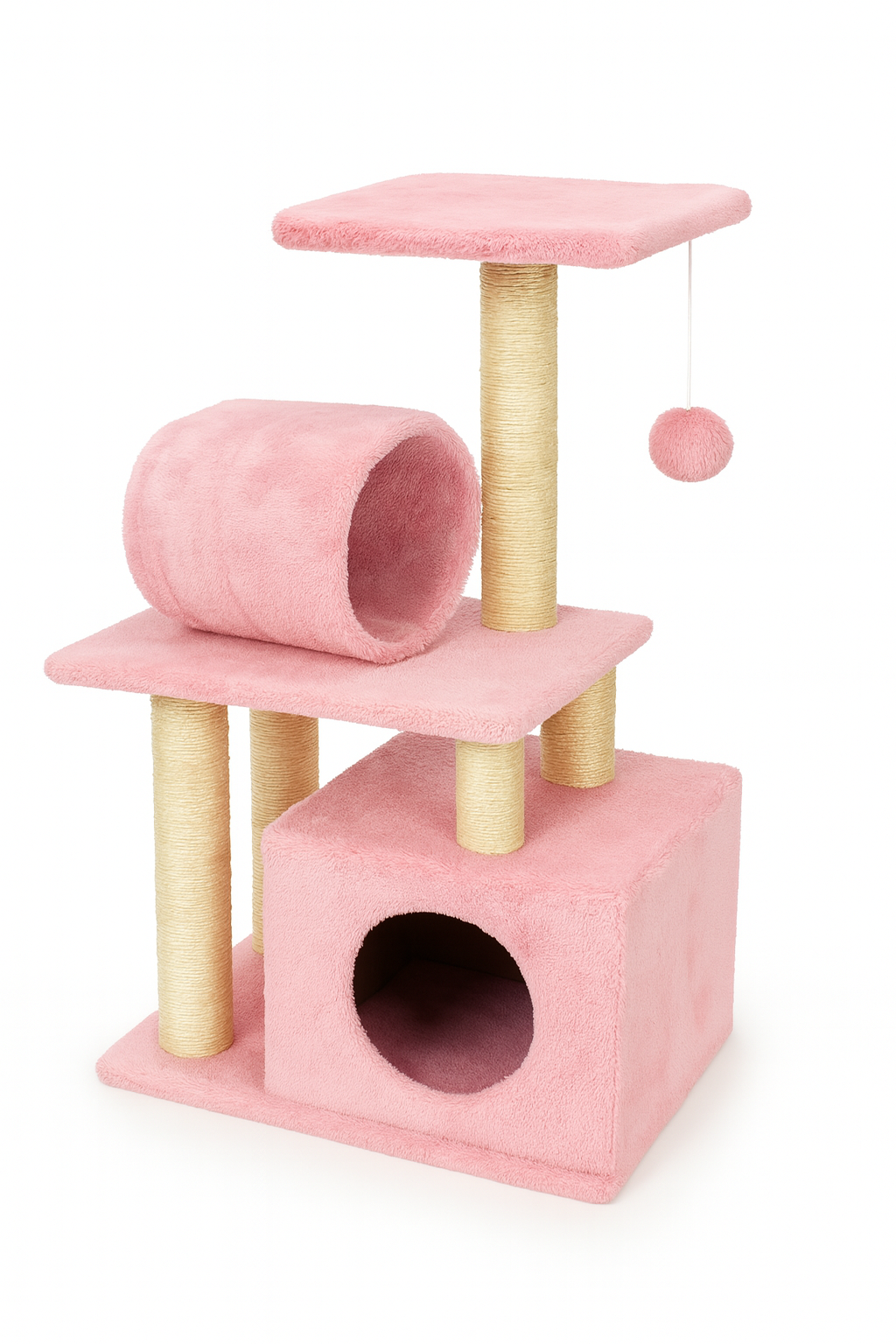rascador para gatos PetBaby de 75cm de altura en suave felpa color rosado pastel. Su estructura multinivel incluye una cueva cuadrada en la base para descanso, un túnel cilíndrico, una plataforma superior y un juguete de pompón colgante para estimular el juego, con postes reforzados en cuerda de sisal natural.