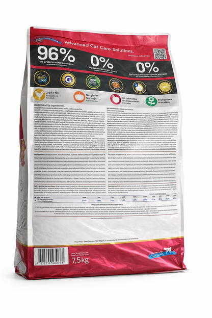 Primer plano de la información nutricional o de las croquetas del alimento N&D Pumpkin Neutered. Se detalla la alta calidad de la proteína de pollo y el bajo índice glucémico ideal para el control de peso en gatos castrados.