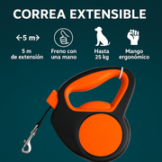Infografía técnica de la correa extensible que destaca sus cuatro características principales: extensión de 5 metros, sistema de freno accionable con una sola mano, capacidad de carga para mascotas de hasta 23 kg y un mango ergonómico diseñado para un agarre cómodo durante largos paseos.