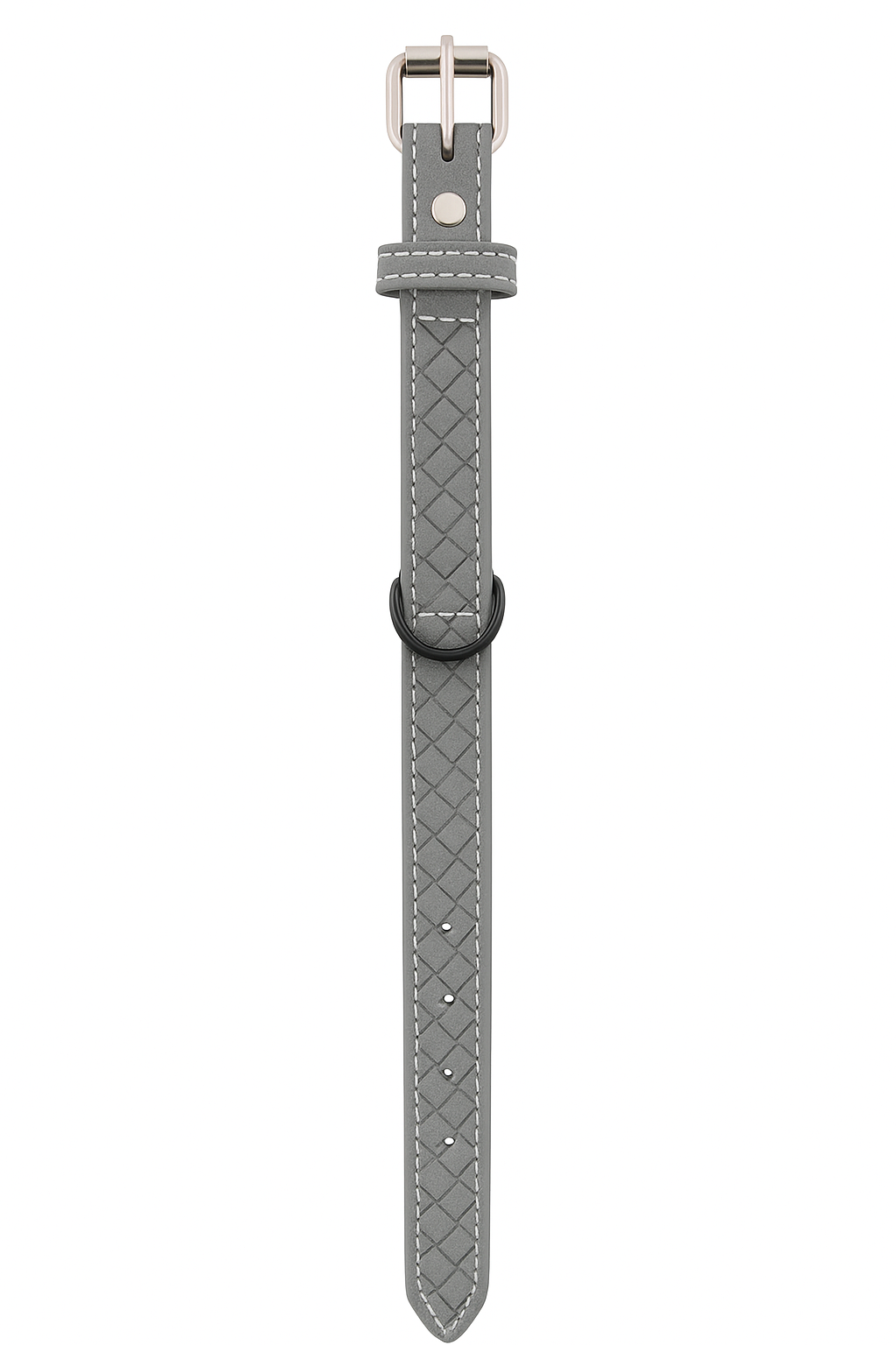 Collar de cuero genuino para mascotas PetBaby en color gris oscuro. Se muestra extendido resaltando su textura grabada en forma de rombos, hebilla metálica resistente y anillo en D para identificación o correa.