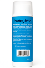 Vista posterior de la botella de Shampoo en Seco Buddy Pet para perros, donde se detallan de forma clara las instrucciones de aplicación, la lista de ingredientes y las precauciones para un aseo seguro y efectivo.