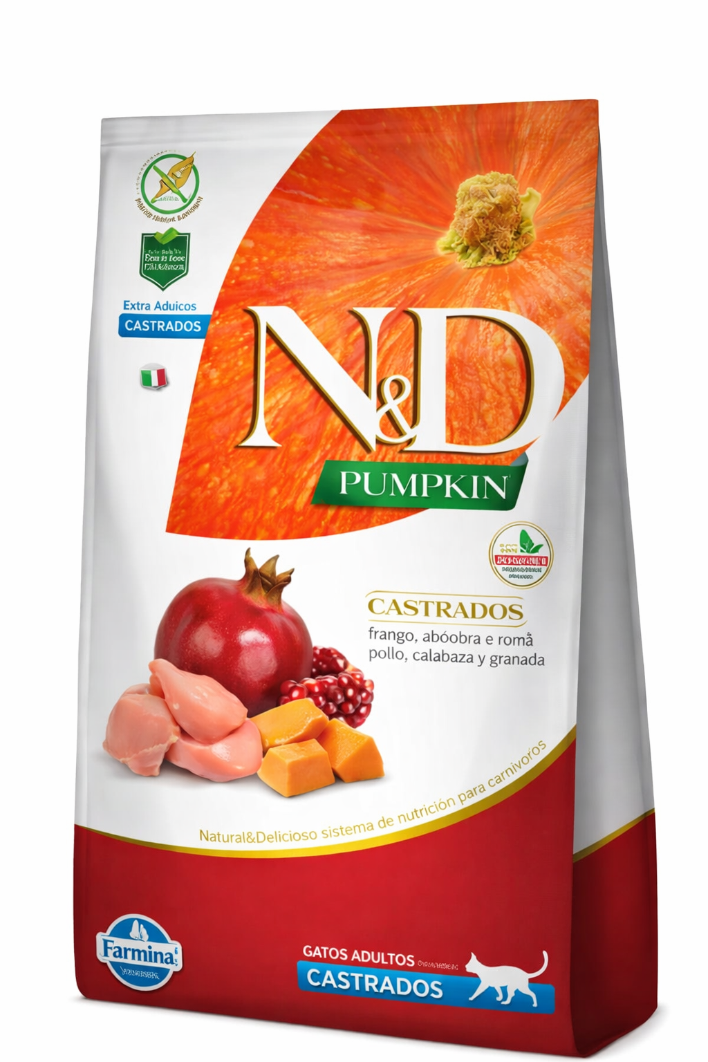 Saco de alimento premium Farmina N&D Pumpkin para gatos castrados, sabor pollo y granada en formato de 1.5kg. El envase es de color blanco y naranja, destacando ingredientes naturales como calabaza y granada, con el sello Grain Free (sin cereales).