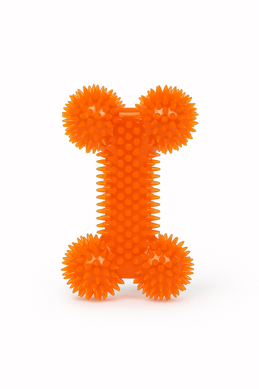 Juguete mordedor para perros en forma de doble hueso fabricado en goma de color naranja vibrante. Su superficie está cubierta de pequeñas púas suaves diseñadas para masajear las encías y ayudar a la limpieza dental de la mascota durante el juego.