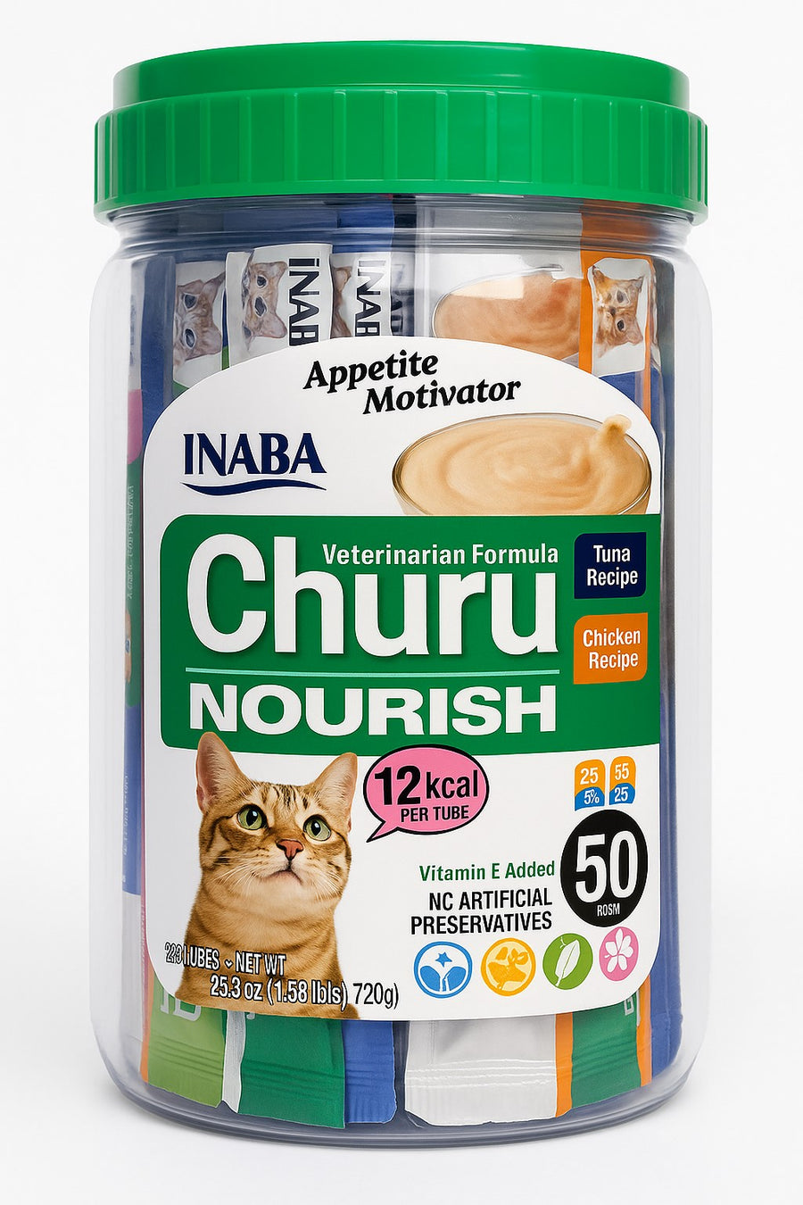 Tarro de 50 tubos de snack cremoso Churu Nourish de la marca Inaba, fórmula veterinaria con tapa de color verde. El empaque destaca que es un motivador de apetito (Appetite Motivator) con 12 kcal por tubo, ideal para gatos que necesitan un refuerzo nutricional o estimulación para comer.