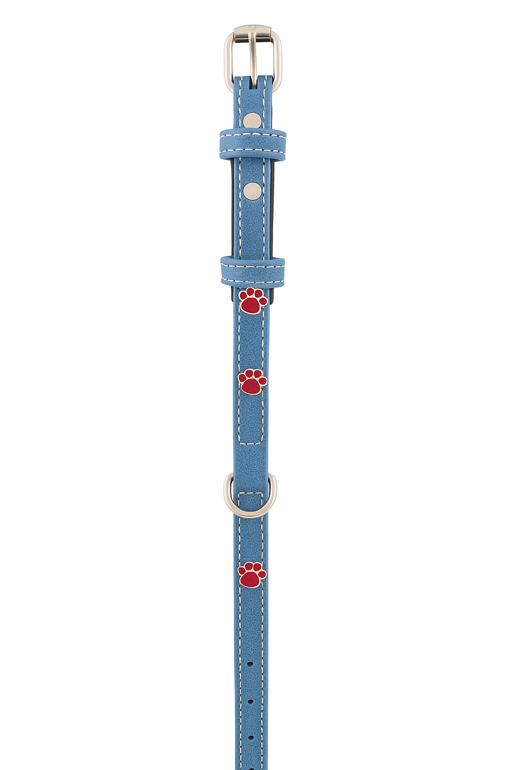 Collar de cuero genuino para perros PetBaby de color azul brillante con un diseño divertido de huellas de perro en color rojo. Se muestra extendido para apreciar la hebilla metálica ajustable de alta calidad y el anillo en D para enganchar la correa o placa de identificación.