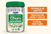Infografía publicitaria de Churu Nourish que resalta sus beneficios clave: estimula el apetito de los gatos y ofrece deliciosas recetas de atún y pollo. Especifica un aporte energético de 12 kcal por cada tubo, posicionándolo como un suplemento altamente apetecible y nutritivo.