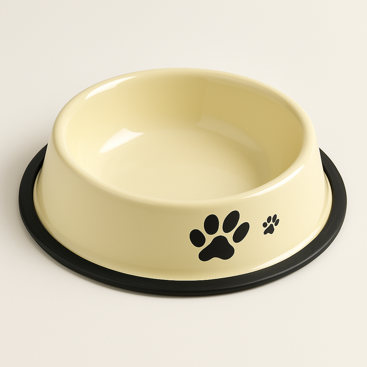 Plato para perros de talla XL (26cm) con exterior en color crema y diseño decorativo de huellas negras. Cuenta con un interior de acero inoxidable higiénico y una base de goma negra antideslizante para evitar desplazamientos y proteger el piso durante la alimentación.