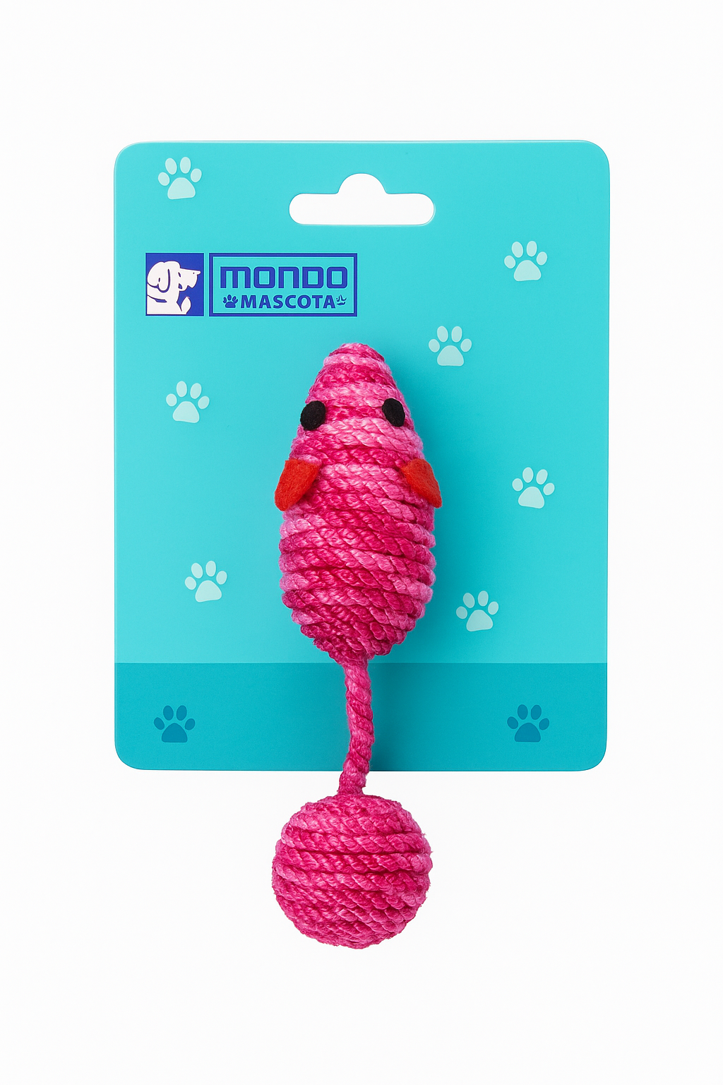 Variante del juguete para gatos con forma de ratón en color rosado fucsia, con cuerpo de cuerda trenzada y una pequeña pelota en el extremo de la cola para mayor diversión. Es una opción duradera y colorida para estimular el instinto natural de juego de tu mascota.