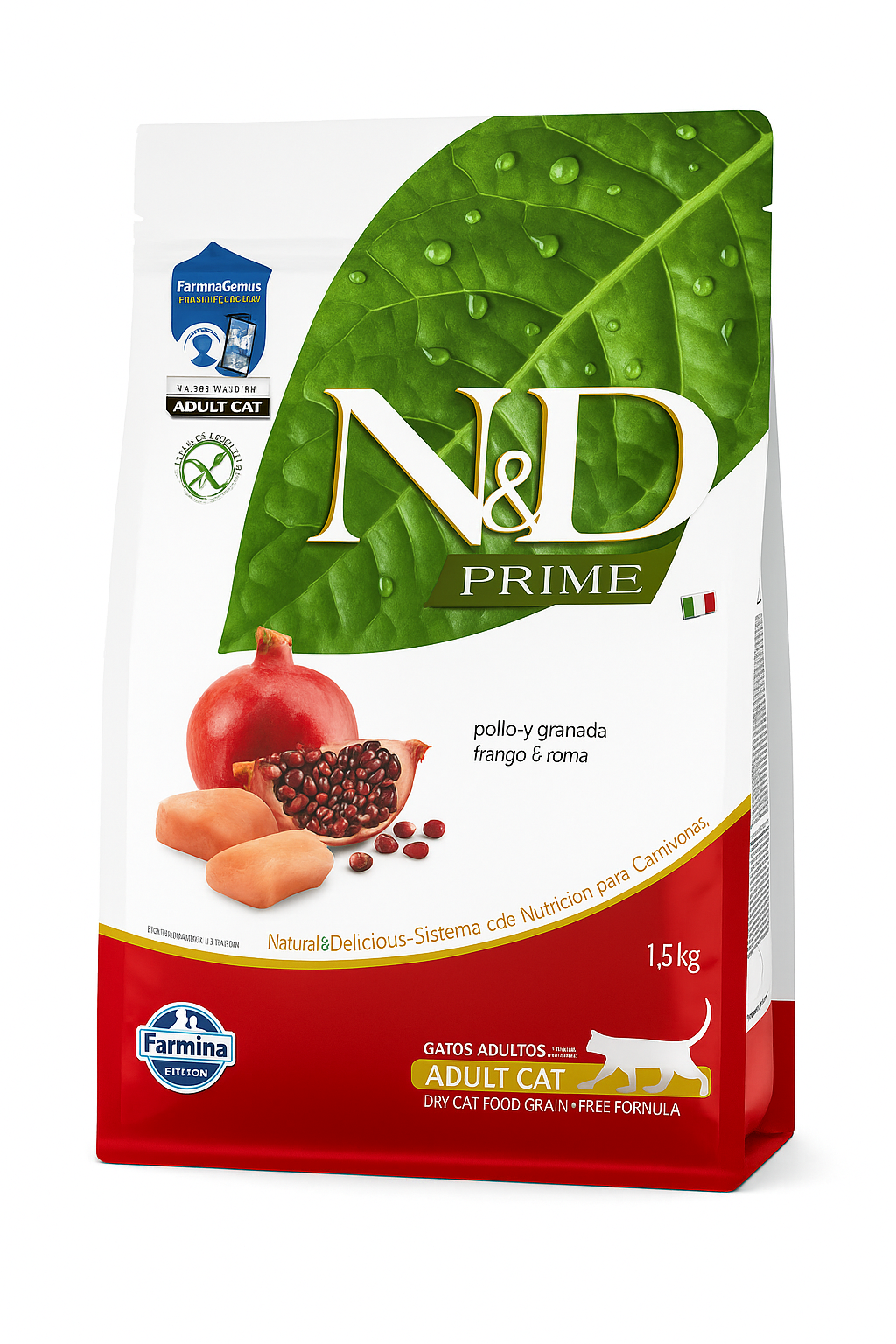 Saco de 1.5kg de alimento ultra premium N&D Prime para gatos adultos sabor pollo y granada de la marca Farmina. El empaque de diseño elegante destaca que es una fórmula "Grain-Free" (libre de cereales) e incluye imágenes de una hoja verde grande junto a ingredientes naturales como granada fresca y filetes de pollo.