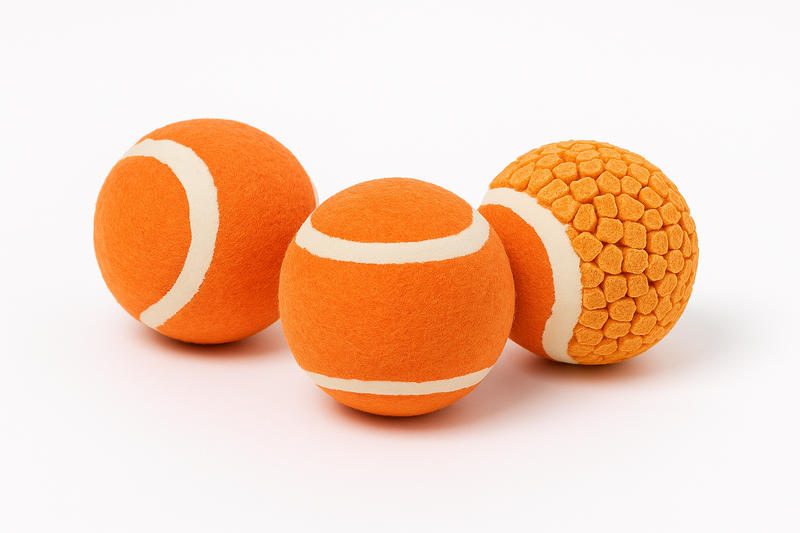 Pack de 3 pelotas de tenis para perros en color naranja vibrante con líneas blancas clásicas. El conjunto incluye dos pelotas con textura de fieltro tradicional y una pelota con una superficie texturizada de relieves diseñada para ofrecer mayor durabilidad y estimulación sensorial durante el juego de buscar y recoger.