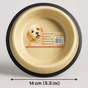 Vista superior del plato PetBaby talla M donde se especifica su diámetro de 14 cm (5.5 pulgadas). La imagen incluye una etiqueta ilustrativa con un cachorro Golden Retriever, resaltando el material de acero inoxidable higiénico y su base de caucho negra.