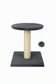 Rascador para gatos PetBaby de 38cm de altura en color gris oscuro. Cuenta con una base cuadrada y una plataforma circular superior forradas en felpa suave, un poste central de sisal natural para el rascado y un juguete de pompón colgante para estimular el juego.