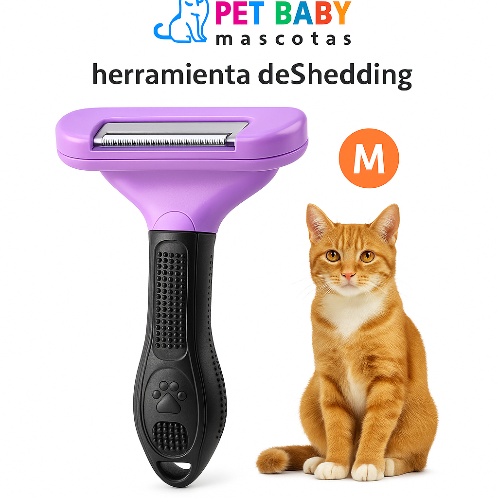 Herramienta deShedding PetBaby para gatos talla M junto a un gato de color naranja. El cepillo cuenta con un cabezal de color morado con peine de acero inoxidable y un mango ergonómico negro diseñado para un agarre cómodo y seguro durante las sesiones de aseo.