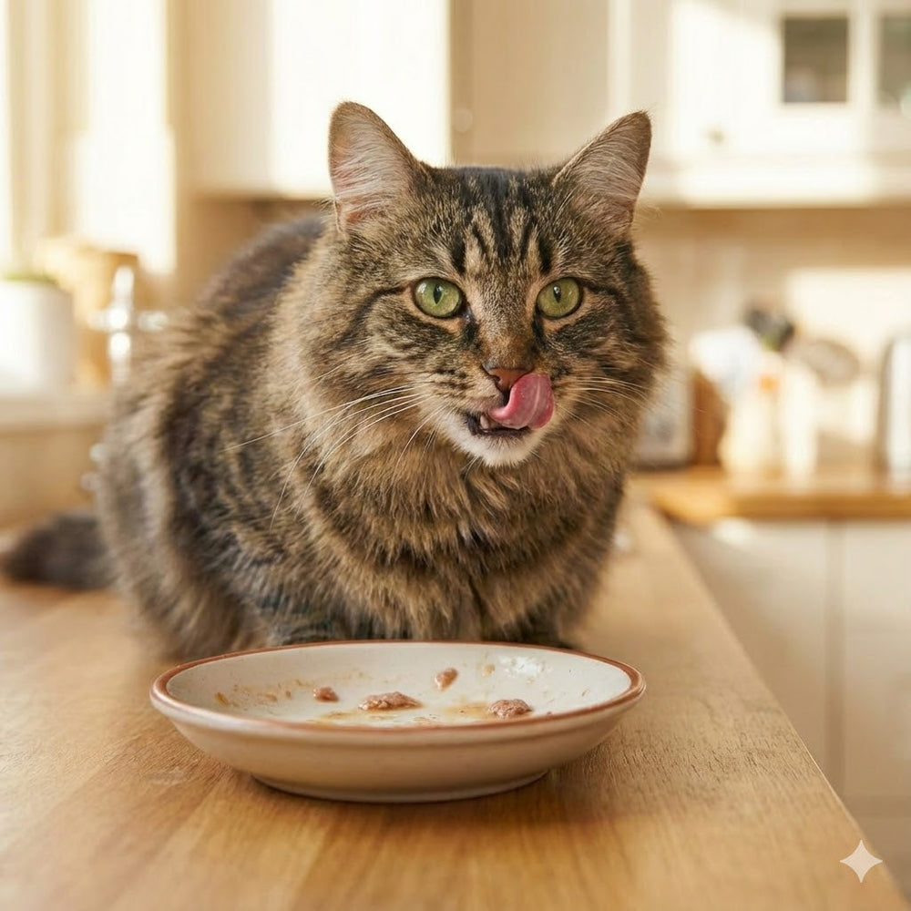 Gato junto a su alimento en un hogar cálido