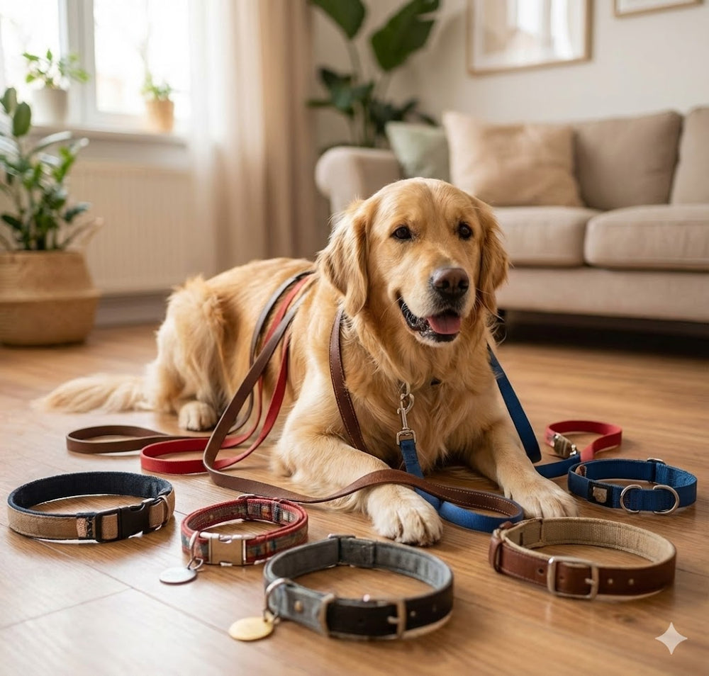Perro junto a juguetes y accesorios