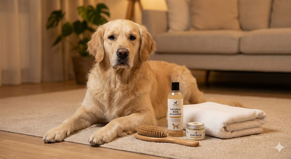 Perro junto a productos de cuidado
