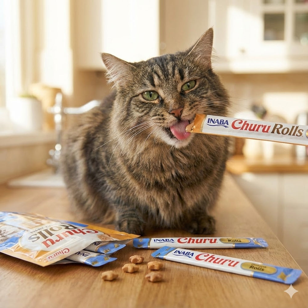 Gato disfrutando snacks cremosos y crujientes