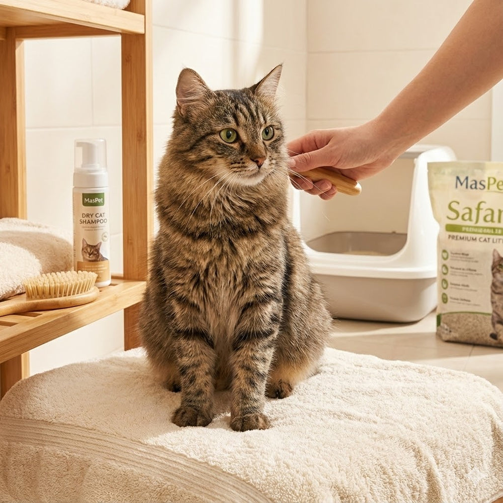 Gato junto a productos de higiene y arena sanitaria