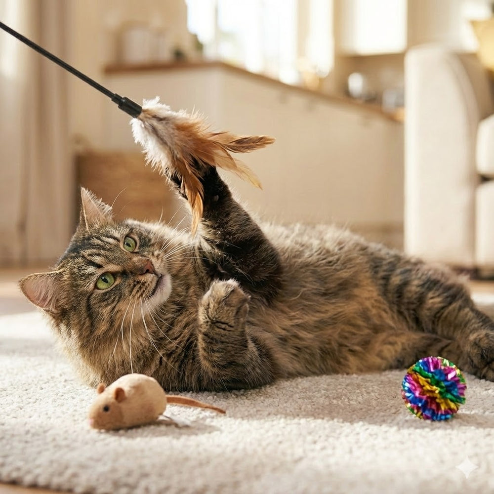 Gato jugando con juguetes y accesorios